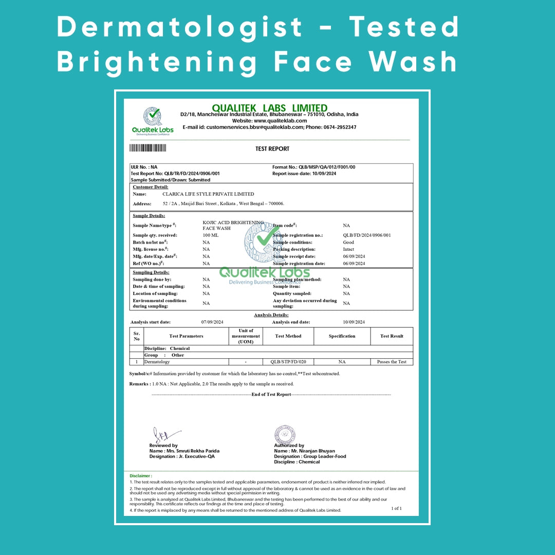Kojic Acid Brightening Face Wash - Fade Dark Spots & Pigmentation Fast | Clinically tested blend of Kojic Acid, Niacinamide & Lactic Acid for visibly brighter skin in just 2 weeks. |Gentle, non-drying, and safe for all skin types. Dermat-tested.