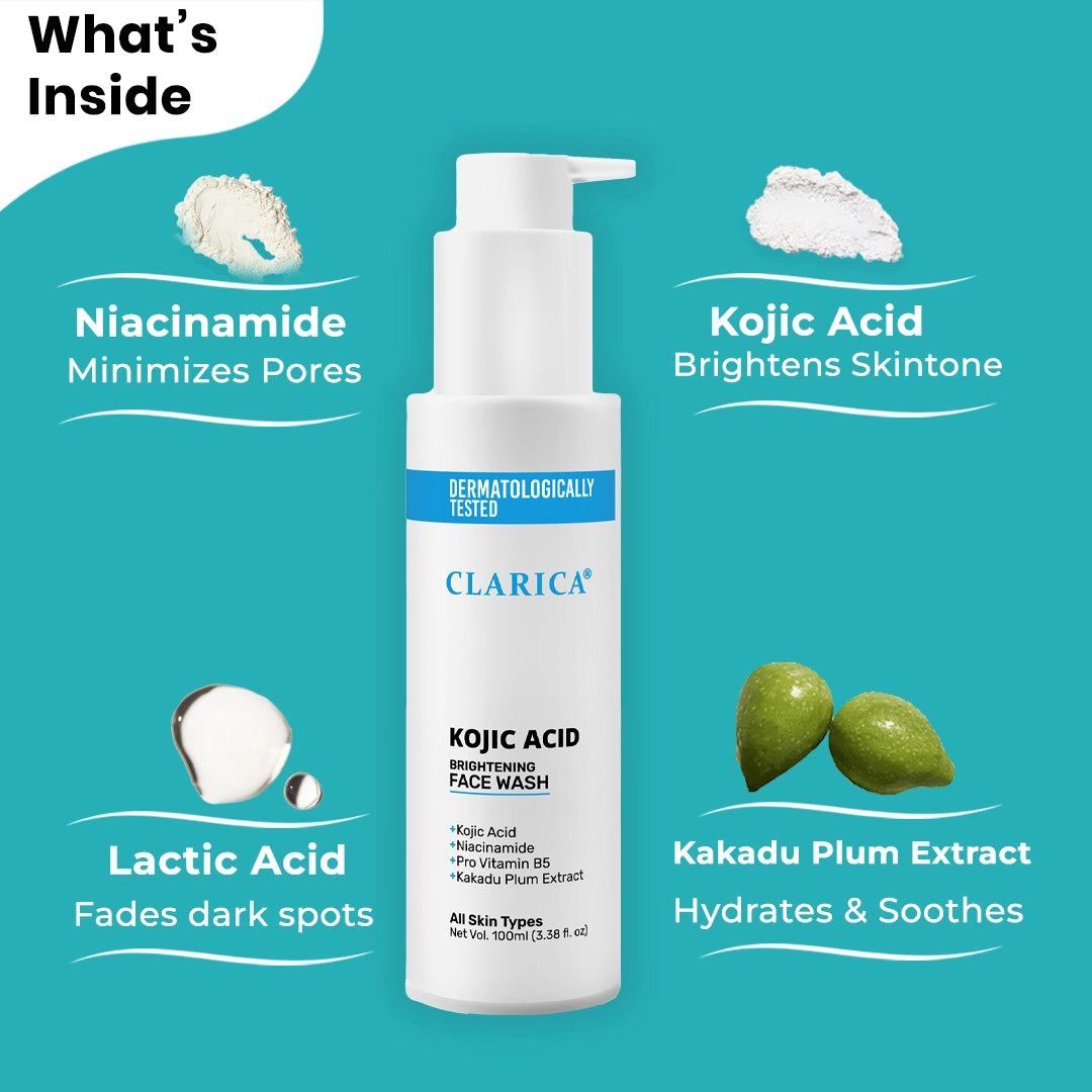 Kojic Acid Brightening Face Wash - Fade Dark Spots & Pigmentation Fast | Clinically tested blend of Kojic Acid, Niacinamide & Lactic Acid for visibly brighter skin in just 2 weeks. |Gentle, non-drying, and safe for all skin types. Dermat-tested.